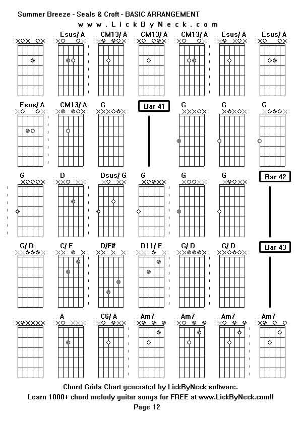 Chord Grids Chart of chord melody fingerstyle guitar song-Summer Breeze - Seals & Croft - BASIC ARRANGEMENT,generated by LickByNeck software.